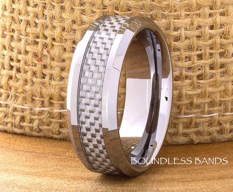 Tungsten Wedding Ring Grey Carbon Fiber Inlay Tungsten Ring Etsy