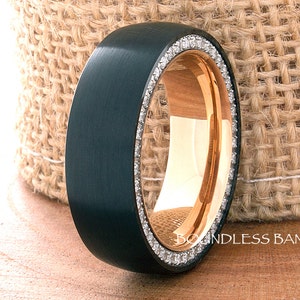 Tungsten Ring, Black Rose Gold Tungsten Ring, CZ Black Rose Ring, Anniversary Ring, Tungsten Black Wedding Band, Personalized Ring image 2