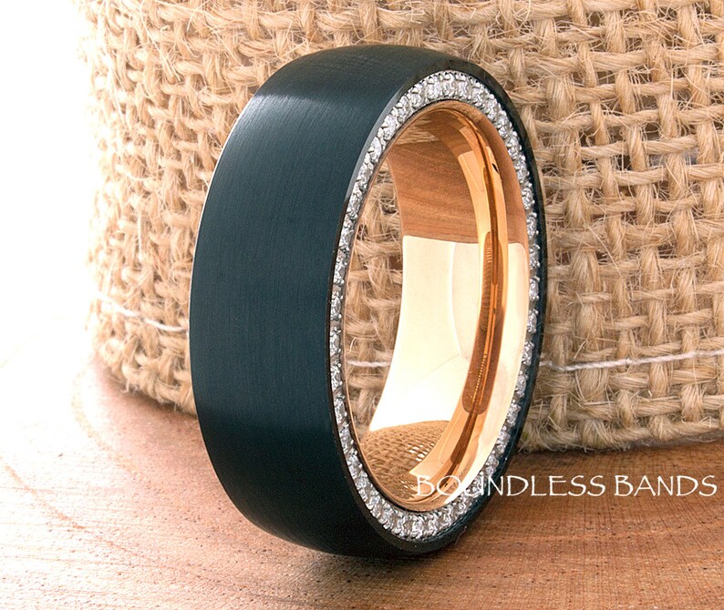 Tungsten Ring, Black Rose Gold Tungsten Ring, CZ Black Rose Ring, Anniversary Ring, Tungsten Black Wedding Band, Personalized Ring image 2