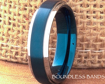 Tungsten Wedding Band, Men's Blue Wedding Band, Silver Tungsten Ring, Tungsten, Tungsten Band, Custom Engraving, Blue Tungsten Ring, 6mm