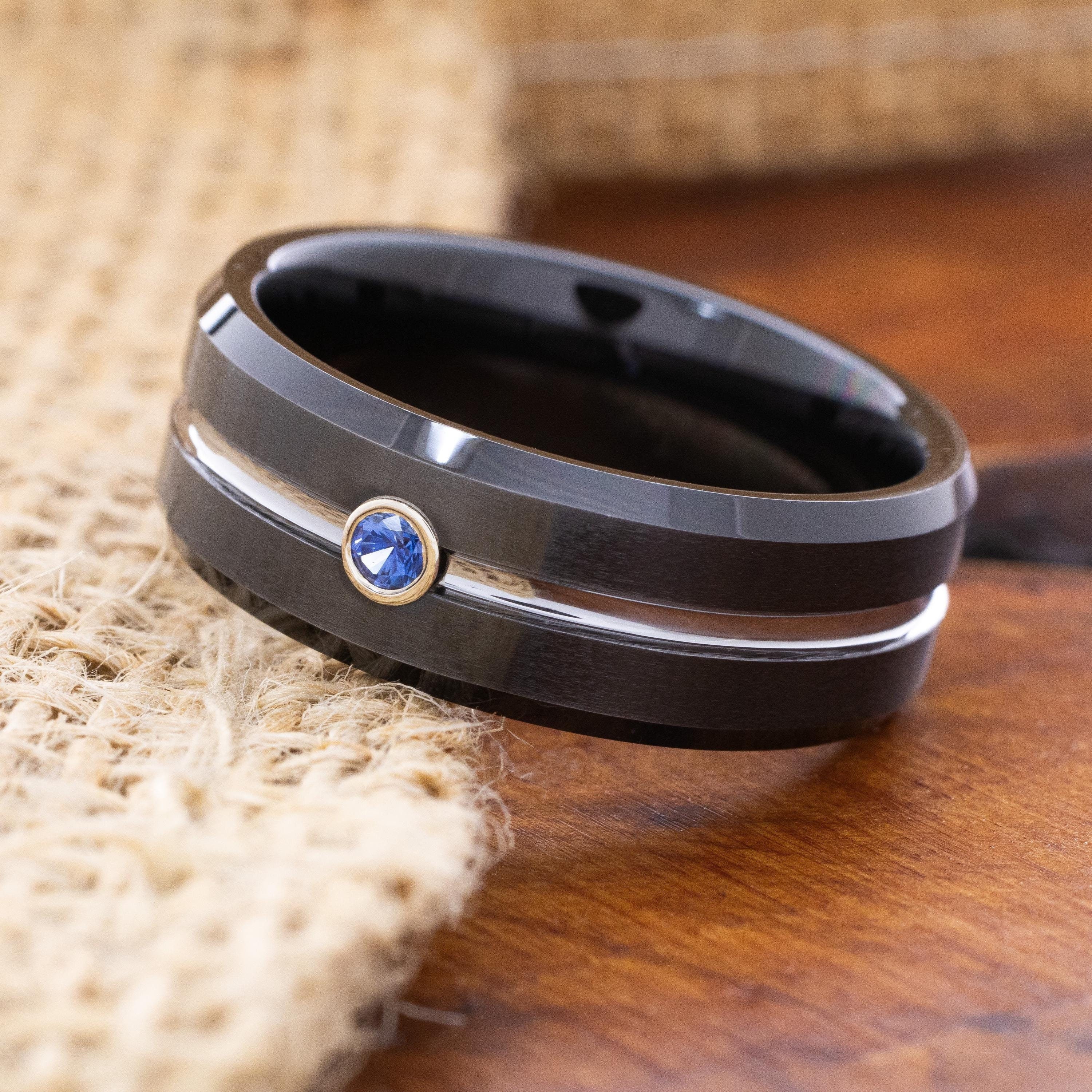 Blue Sapphire Tungsten Carbide Ring, Birthstone Engagement Band
