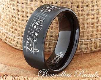Tungsten Ring, Customized Mens Ring, Custom Engraved Band, Music Note Ring, Wedding Song Ring, Favorite Music Ring, Womens Tungsten Ring