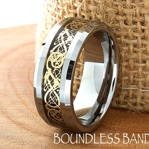 Celtic Dragon, Men&#39;s Tungsten Ring, Tungsten Ring, Men&#39;s Tungsten Band, Tungsten Wedding Ring, Men&#39;s Ring, Tungsten, Silver Men&#39;s Ring, 8mm