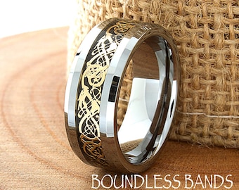 Celtic Dragon, Men&#39;s Tungsten Ring, Tungsten Ring, Men&#39;s Tungsten Band, Tungsten Wedding Ring, Men&#39;s Ring, Tungsten, Silver Men&#39;s Ring, 8mm
