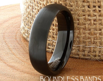 Black Tungsten Wedding Band, 6mm Brushed Dome Ring, Custom Engraving