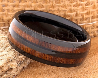 Tungsten Ring Wood Inlay Ring Wedding Ring Men Women Wedding Bands Koa Wood Inlay Ring 8mm Black Wood Dome  Anniversary Engagement