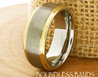 Anello di tungsteno, banda di nozze di tungsteno maschile, anello di tungsteno d'argento, anello di tungsteno oro giallo, banda di tungsteno, anello personale, bordi a gradini