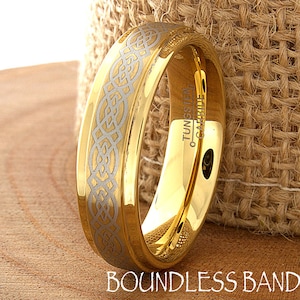 Celtic Knot Tungsten Wedding Ring High Polished Stepped Edges Brushed Men&#39;s Gold Plated Women Anniversary Ring Men&#39;s Ring Women&#39;s Ring 6mm