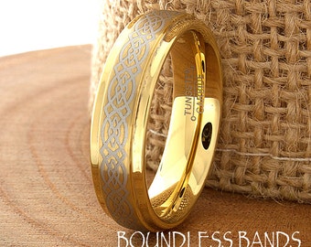 Celtic Knot Tungsten Wedding Ring High Polished Stepped Edges Brushed Men's Gold Plated Women Anniversary Ring Men's Ring Women's Ring 6mm
