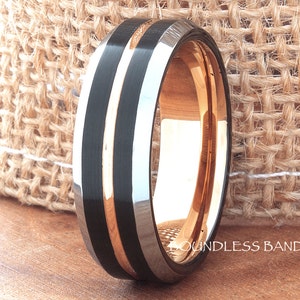 Rose Gold Tungsten Wedding Band, Tricolor Tungsten Carbide Ring, Rose Gold Wedding Ring, Men's Ring, Engagement Ring, Personal Engraving,7mm