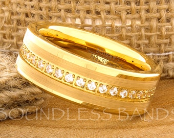 Tungsten Ring, Mens Tungsten Ring, 8mm Tungsten Ring, Gold Tungsten Ring, CZ Tungsten Ring, Mens Promise Ring, Anniversary Ring
