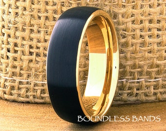 Tungsten Ring, Men's Tungsten Wedding Band, Black Tungsten Ring, Yellow Gold Tungsten Ring, Tungsten Band, Personalized Ring, Satin, 7mm