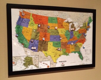 Treasured Maps: Framed Magnet Map of the USA with "Places To Go, People To See, Ways to Get There" Magnets and Printer Labels to Customize!