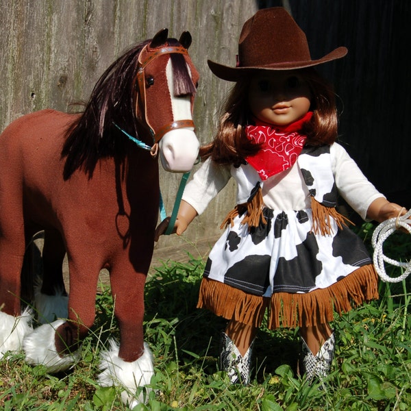 Cowgirl costume with fringed skirt, vest and bandana for your 18 inch or American Girl doll