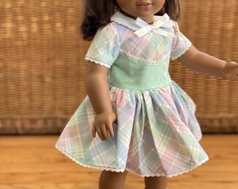 Beautifully crafted handmade dress in pink and green plaid for your 18 inch or AG doll