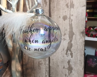 memory bauble, remembering  a loved one, handwriting bauble, remembrance gifts with feathers