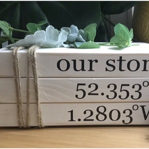 Peut inclure: Une pile de trois blocs de bois blancs avec de la ficelle attachée autour. Le bloc du haut indique "our story", le bloc du milieu indique "52.353°N" et le bloc du bas indique "1.2803°W".
