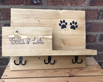 Personalised pet shelf and storage with this Wall-Mounted organiser for dog accessories, hooks for leads, coats, poo bags and essentials