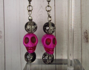 Hot Pink Skull Drop Earrings, Cracked Ice Beads, Handmade Halloween Jewelry