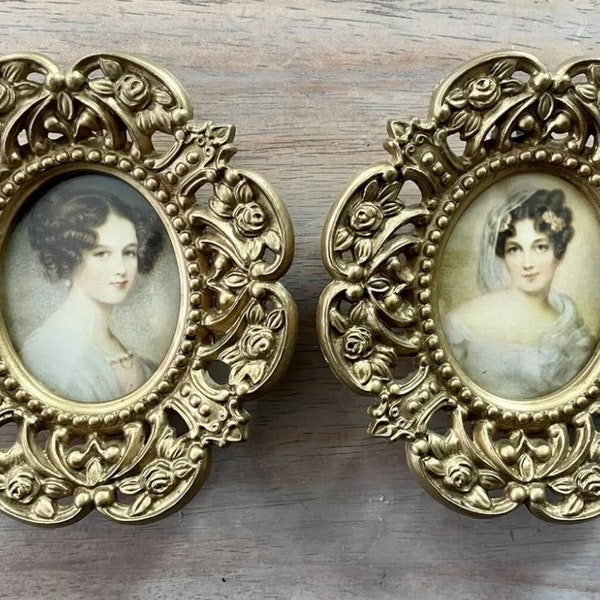 Pair Vintage Miniature Cameo Creation Florentine Victorian Ornate Mini Picture Photo Art Frames