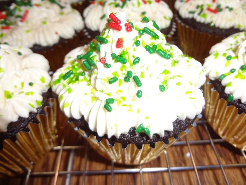 May include: Chocolate cupcakes frosted with white icing and decorated with green and red sprinkles.