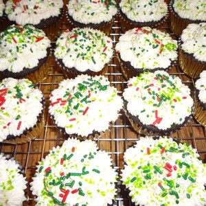 May include: A close-up of a dozen chocolate cupcakes with white icing and green and red sprinkles.
