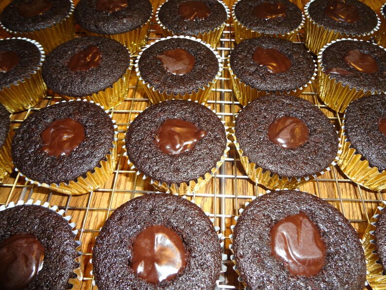 May include: A close-up of a tray of chocolate cupcakes with chocolate frosting. The cupcakes are arranged in rows on a wire rack. The cupcakes are all topped with a dollop of chocolate frosting.