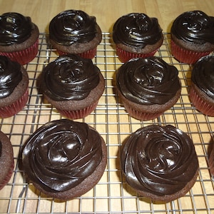 May include: A close-up of a dozen chocolate cupcakes with dark chocolate frosting, arranged on a wire rack.