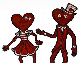 Valentine's Day Jointed Dapper Heart Couple Set of Two Vintage Inspired Paper Cutout Decorations 22" and 17"