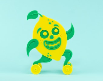 Lemon Toy on Wheels Yellow and Green Vintage Style 3D Printed Plastic