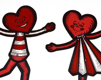 Valentine's Day Jointed Cute Heart Couple Set of Two Vintage Inspired 15" Paper Cutout Decorations