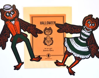 Halloween Set of Two Jointed Owls- Vintage Inspired Paper Cutout Decorations