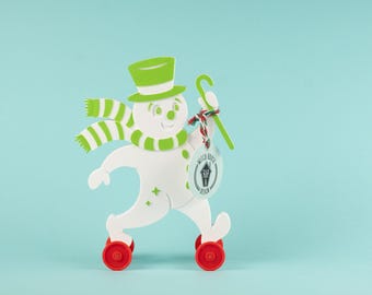 Snowman White w/ Green Vintage Style Toy on Wheels 3D Printed Plastic Christmas
