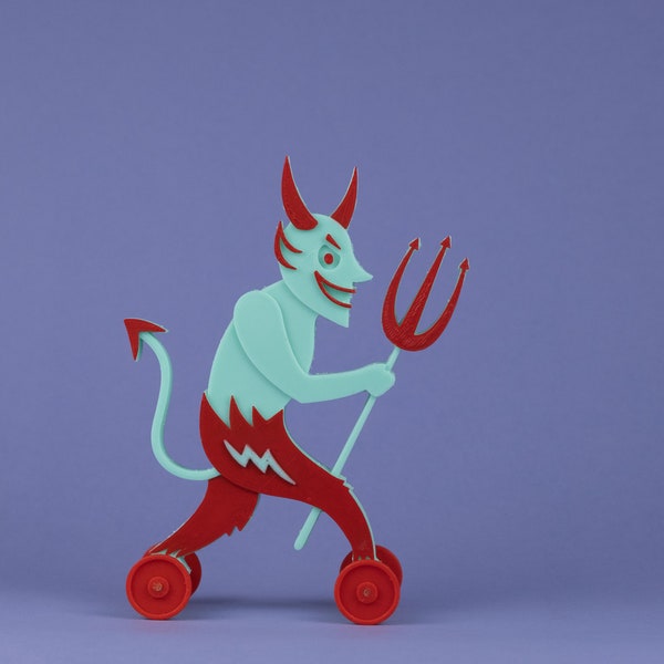 LIMIT ONE Devil Toy on Wheels Mint and Red Vintage Style 3D Printed Plastic