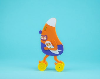 Halloween Candy Corn Toy on Wheels Orange w/ White & Purple Vintage Style 3D Printed Plastic
