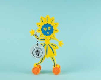Flower on Wheels Yellow w/ Blue Vintage Style 3D Printed Plastic