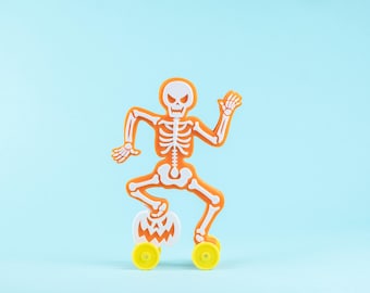 Halloween Dancing Skeleton on Wheels Orange w/ White Vintage Style 3D Printed Plastic