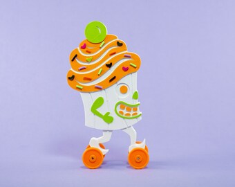 Halloween Cupcake Toy on Wheels White w/ Orange Icing Vintage Style 3D Printed Plastic