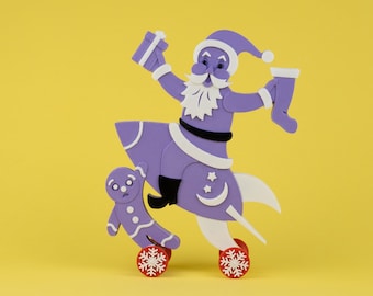 Santa Riding Rocket Toy on Wheels Purple and White w/ Black Paint Vintage Style 3D Printed Plastic