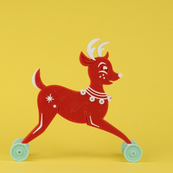 LIMIT ONE Deer Toy on Wheels Red and White Vintage Style 3D Printed Plastic