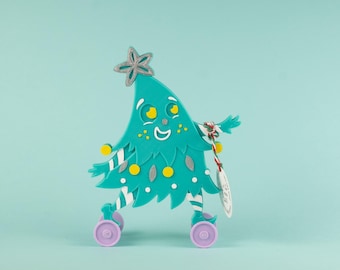 Christmas Tree Teal w/ Silver & Yellow Vintage Style Toy on Wheels 3D Printed Plastic
