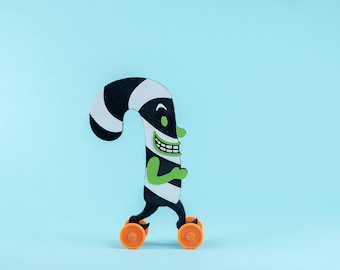 Halloween Candy Cane on Wheels Black w/ White & Green Vintage Style 3D Printed Plastic