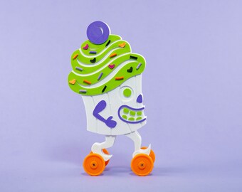 Halloween Cupcake Toy on Wheels White w/ Green Icing Vintage Style 3D Printed Plastic