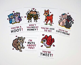 Set of 6 Illustrated Valentine Cards and Envelopes