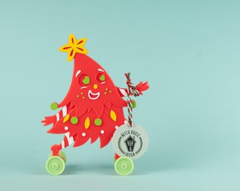 Christmas Tree Red w/ Yellow & Green Vintage Style Toy on Wheels 3D Printed Plastic