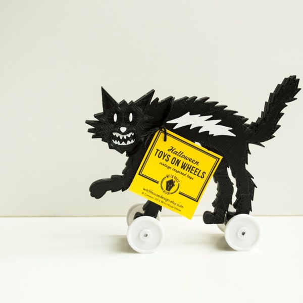 Halloween Cat on Wheels Vintage Style Toy 3D Printed Plastic Black & White