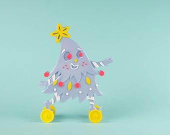 Christmas Tree Ice Blue w/ Pink & Yellow Vintage Style Toy on Wheels 3D Printed Plastic