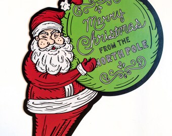 Christmas Santa with an Ornament 15" - 2ND Printing - Vintage Inspired Paper Cutout Decoration