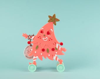 Christmas Tree Pink w/ Red & Gold Vintage Style Toy on Wheels 3D Printed Plastic