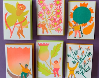 Blooming - Risograph Card Set - fluorescent mini 4-bar risograph-printed cards